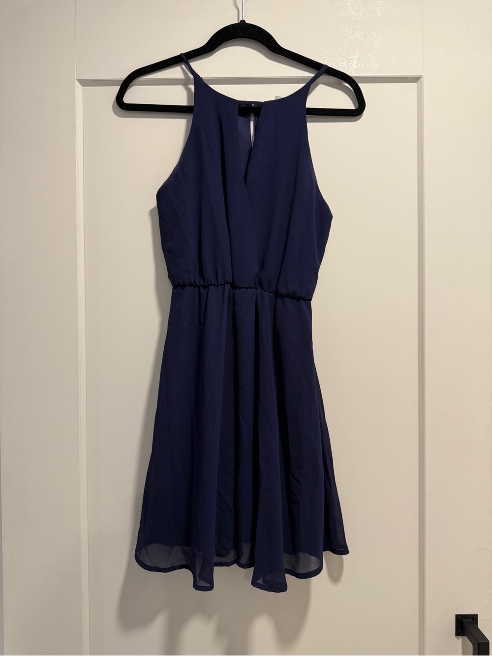 miami Navy High-Neck Spaghetti-Strap Mini Dress